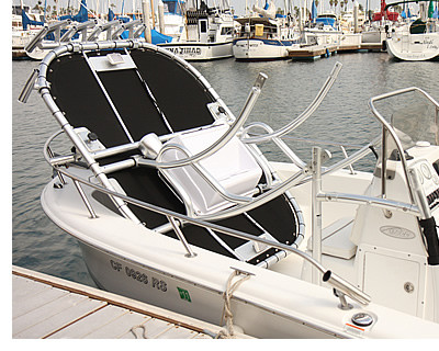 Folding boat t-top shown in collapsed position inside a center console boat.